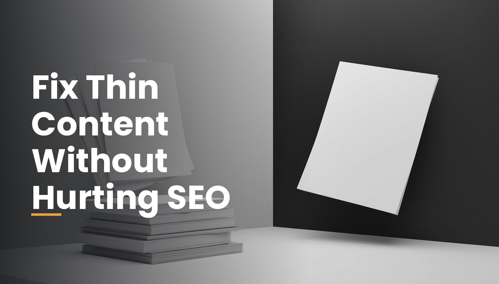 Executive meeting room with premium SEO data reports and content audit documentation spread across a dark marble conference table