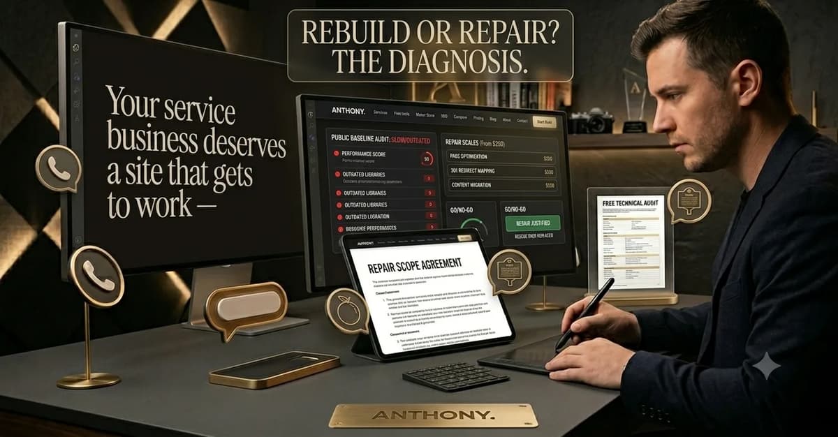 ANTHONY. studio desk showing a rebuild-or-repair diagnosis — a public-site baseline audit, repair scopes, and a written scope agreement