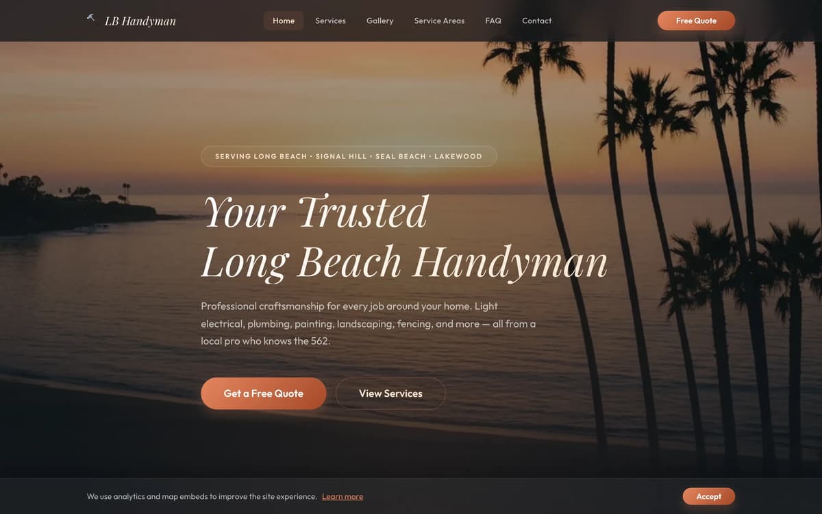 Custom handyman website design for The Long Beach Handyman — a client build by ANTHONY.