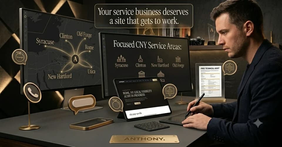 ANTHONY. studio screens mapping Central New York service areas — Syracuse, Rome, Utica, Clinton, New Hartford, and Old Forge