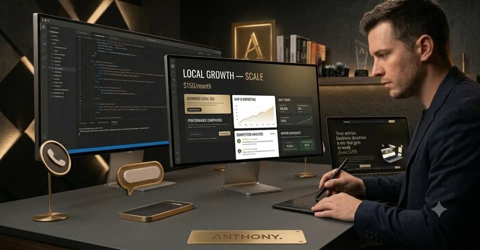 ANTHONY. studio desk with a Local Growth dashboard showing map views, monthly reporting, and competitor analysis