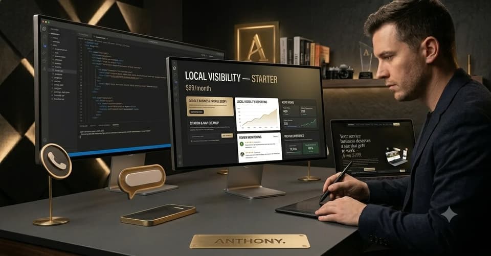 ANTHONY. studio desk with a Local Visibility dashboard showing Google Business Profile, citations, and review monitoring