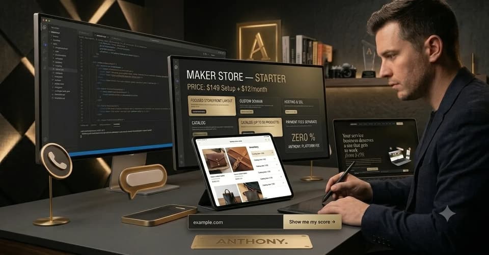 ANTHONY. studio desk with a screen showing a Maker Store storefront layout and product catalog