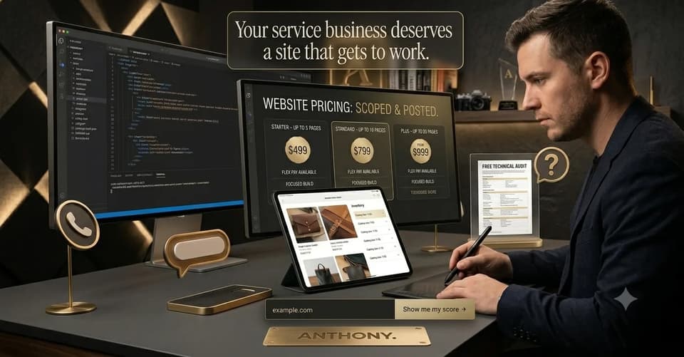 ANTHONY. studio desk with a screen showing scoped website pricing tiers — $499, $799, and from $999