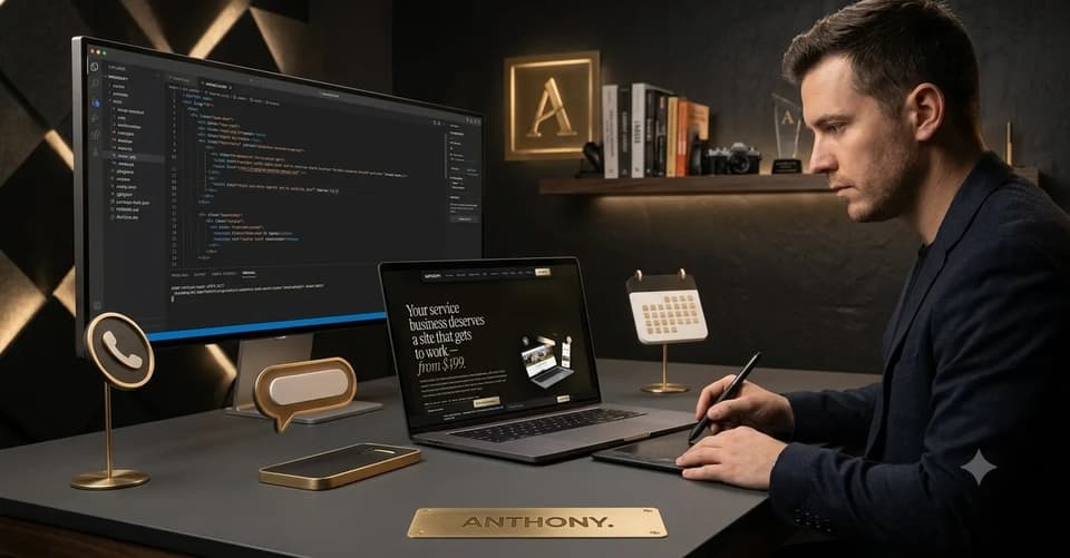 ANTHONY. studio desk building a custom service-business website with code on one screen and a live preview on another